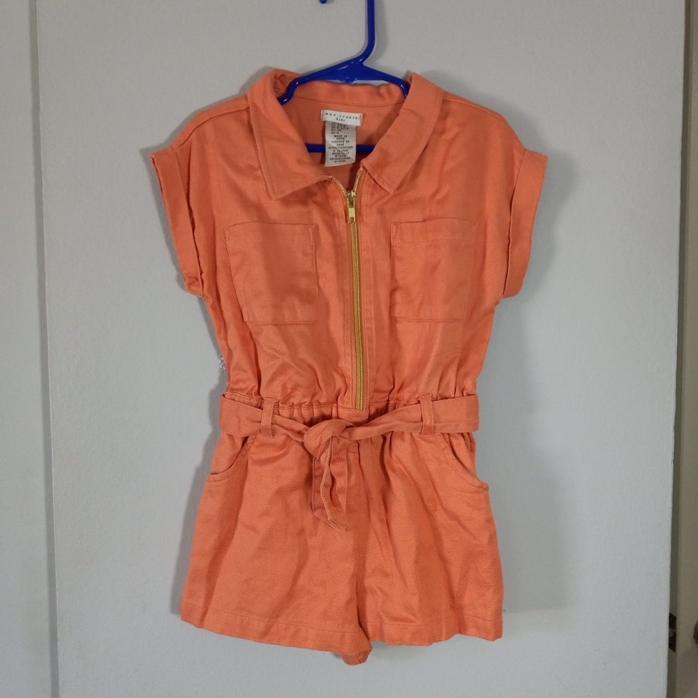 Max Studio Peach-Orange Short Sleeve Girls Romper with Tie Waist Size S 5-6